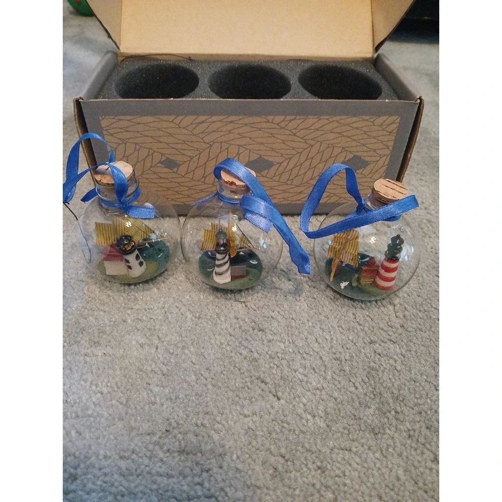 Authentic Models Lighthouse Ornaments Set of 3 Glass Spheres Nautical Decor Open